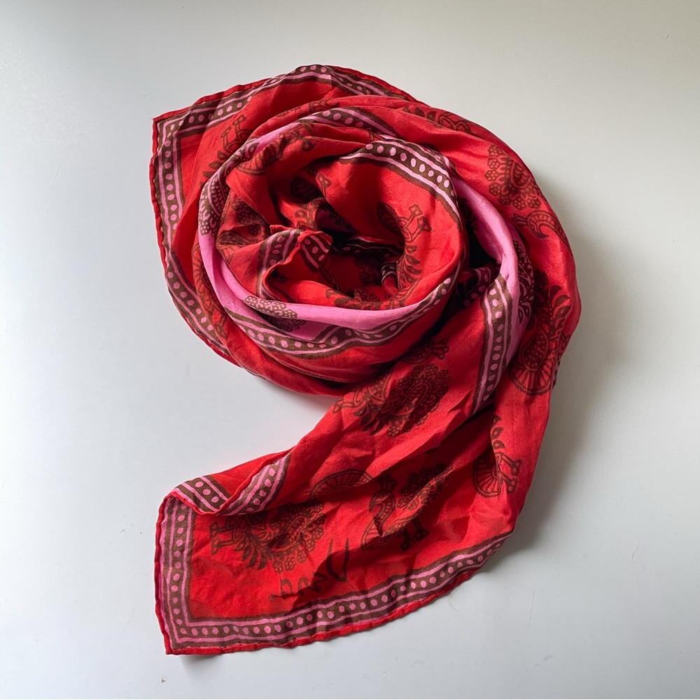 70s Boho Silk Scarf Vintage Scarves by Vera Red Paisley Peacock Japan Handrolled